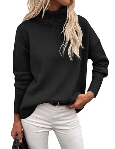Zeagoo Women's Turtleneck Sweater 2025 Fall Winter Chunky Knitted Pullover High Low Hem Trendy Basic Jumper Top Black, M