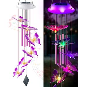 Lightalent Solar Butterfly Wind Chimes, Gifts for Mom Women, Glowing Top Changing Colors LED Wind Chime for Outside with 4 Iron Tubes, Outdoor Decor Mobile for Garden Yard (Purple)