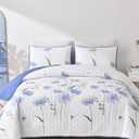 Dinjoy Floral Quilt Set Queen,Blue Bedspreads Queen Size 3 Pieces Cute Bedding Set Farmhouse Quilts Soft Flower Bedspreads White Coverlet Sets for All Season