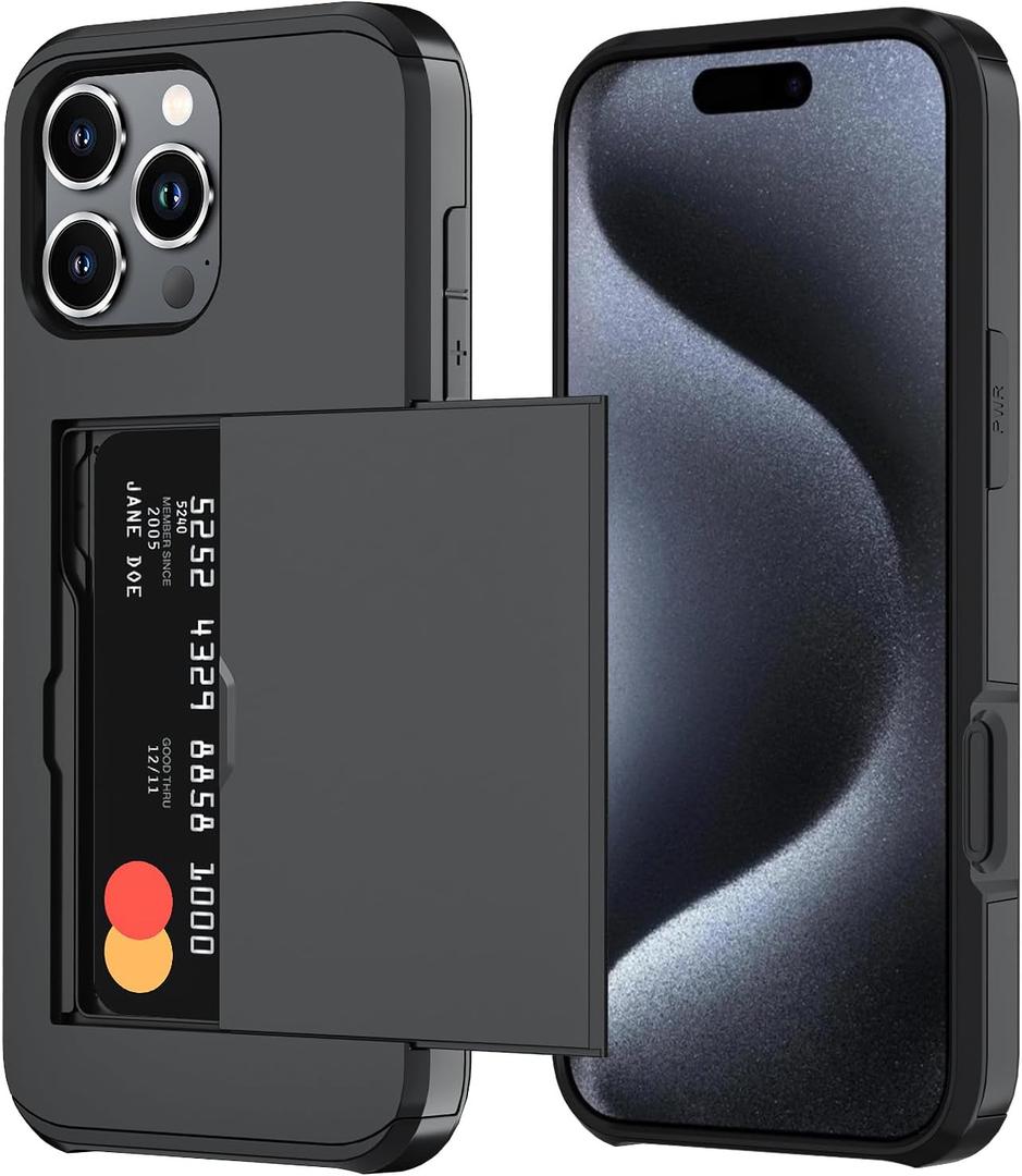 Qinmay Compatible with iPhone 15 Pro Max Case with Card Holder, Dual Layer Shockproof,Heavy Duty Protective Hidden Slot Slim Wallet Phone CoverBlack