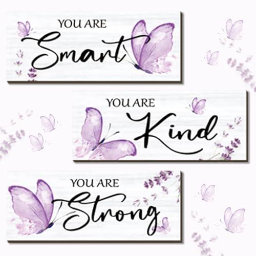 DONFENTHY 3 Pcs Butterfly Wall Decor Wooden Purple Room Decor Positive Butterfly Decor with Inspirational Word Sign for Women Room Bathroom Bedroom Office Kitchen Decor(Purple,10x4 Inch)