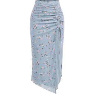 Verdusa Women's Floral High Waist Side Slit Maxi Skirt Mesh Drawstring Bodycon Ruffle Hem Long Skirt (XL)