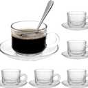 Glass Tea Cups and Saucers Set of 6, Clear Coffee Mugs with Stainless Steel Spoon, Dishwasher & Microwave Safe Teacups for Espresso Cappuccino Latte Tea Juice, 6OZ/180ML
