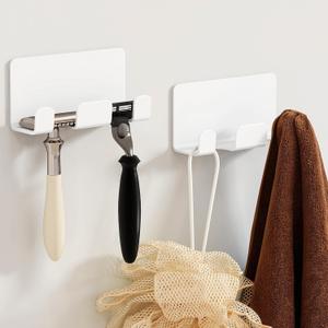 Razor Holder for Shower 2 Pack, Self Adhesive Shaver Shower Hook for Wall with Heavy Duty Metal Aluminum, Storage Shower Hanger for Bathroom, (White)