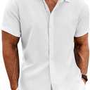 COOFANDY Men's Linen Shirts Short Sleeve Casual Shirts Button Down Shirt for Men Beach Summer Wedding Shirt (M)
