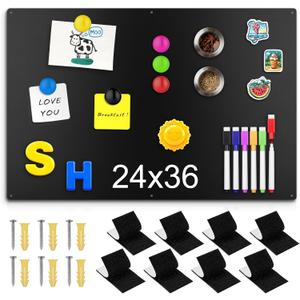 24" x 36" Magnetic Board, Black Magnet Bulletin Board to Display Magnetic Letters, Metal Board for Wall, Refrigerator Photo, with Dual Lock Tape and Screws, Marker Pen