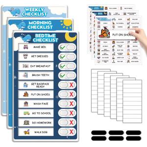 Upgraded Slider 3 in 1 Bedtime/Morning/Weekly Routine Chart for Kids, Magnetic Chore Chart for Kids with 99 Stickers, Cute Visual Schedule for Kid