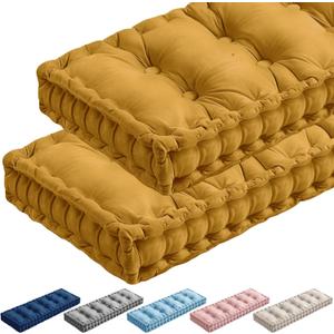 Dilunave 2 Pack Bench Cushions for Indoor Furniture, 42x16 Inch Velvet Kitchen Dining Piano Window Seat Cushion, Tufted Memory Foam Patio Porch Swing Bench Seat Pads (Yellow)
