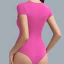 Women's Double-Lined Round Neck Short Sleeve Bodysuit Stretchy T-Shirt Body Suits Basic Tops for 2026 Summer Wear (Pink)