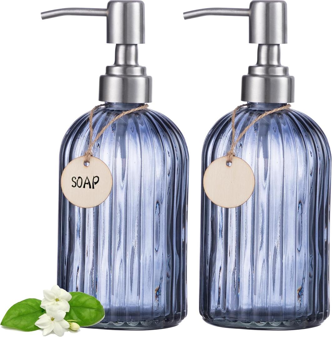HBlife 2 Pack 16 Oz Refillable Glass Soap Dispenser with 304 Stainless Steel Pump, Vertical Stripe Kitchen Bathroom Dispenser (Blue Grey)