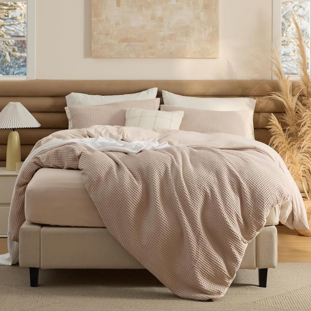 Bedsure 100% Cotton Duvet Cover King Size with Fitted Sheet - 4 Pieces Khaki Waffle Weave Duvet Covers, PureWowen Breathable Bedding Set Includes 1 Duvet Cover 104x90, 1 Fitted Sheet, 2 Pillow Shams