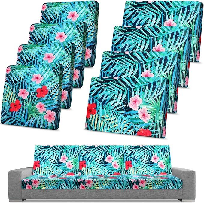 Spiareal 8 Pcs Waterproof Patio Stretch Sofa Cushion Cover, Outdoor Cushion Cover Replacement Include 4 Backrests and 4 Cushions, Sofa Seat Covers Furniture Protector (Tropical Plants)