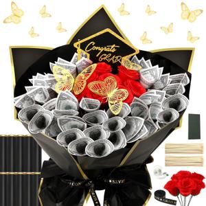 AUGSUN Graduation Gifts-147 Pcs Money Flower Wrapping Bouquet Set Class of 2025 Congratulation Artificial Rose DIY Bouquets Filled with Folded Bills Gift Kit for Her College High School Graduation