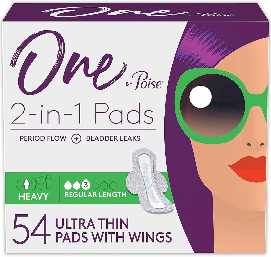 One by Poise Feminine Pads with Wings (2-in-1 Period & Bladder Leakage Pad for Women), Regular, Heavy Absorbency for Period Flow, Light Absorbency for Bladder Leaks, 54 Count (3 Pack of 18)
