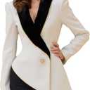 Women's Asymmetrical White Blazer with Black Contrast Lapels,Elegant 2 Tone Jacket with Gold Button,Business,Formal,Evening, Size Small, Shoes White,  Size 8.5