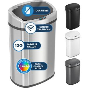 iTouchless 13 Gallon Oval Sensor Trash Can with Odor Filter, 50 Liter Automatic Kitchen Garbage Bin, Fingerprint-Proof Stainless Steel, Smart Hands-Free Motion Lid, Quiet Soft-Close, Brushed Silver (Light Silver, Black)