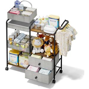 BBLIKE Diaper Caddy Organizer with Hanging Rack - 3 Tier Rolling Baby Storage Cart with Drawers and Side Pockets for Newborn Diaper Organization for Nursery, Crib, Bedroom, Changing Table, Gray (Grey)