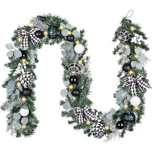 Valery Madelyn 9 Feet Pre-Lit Christmas Garland with Lights for Mantle, Lighted Outdoor Xmas Garland with Black White Balls & Bow for Home Stairs Fireplace Table Centerpiece Indoor Holiday Party Decor