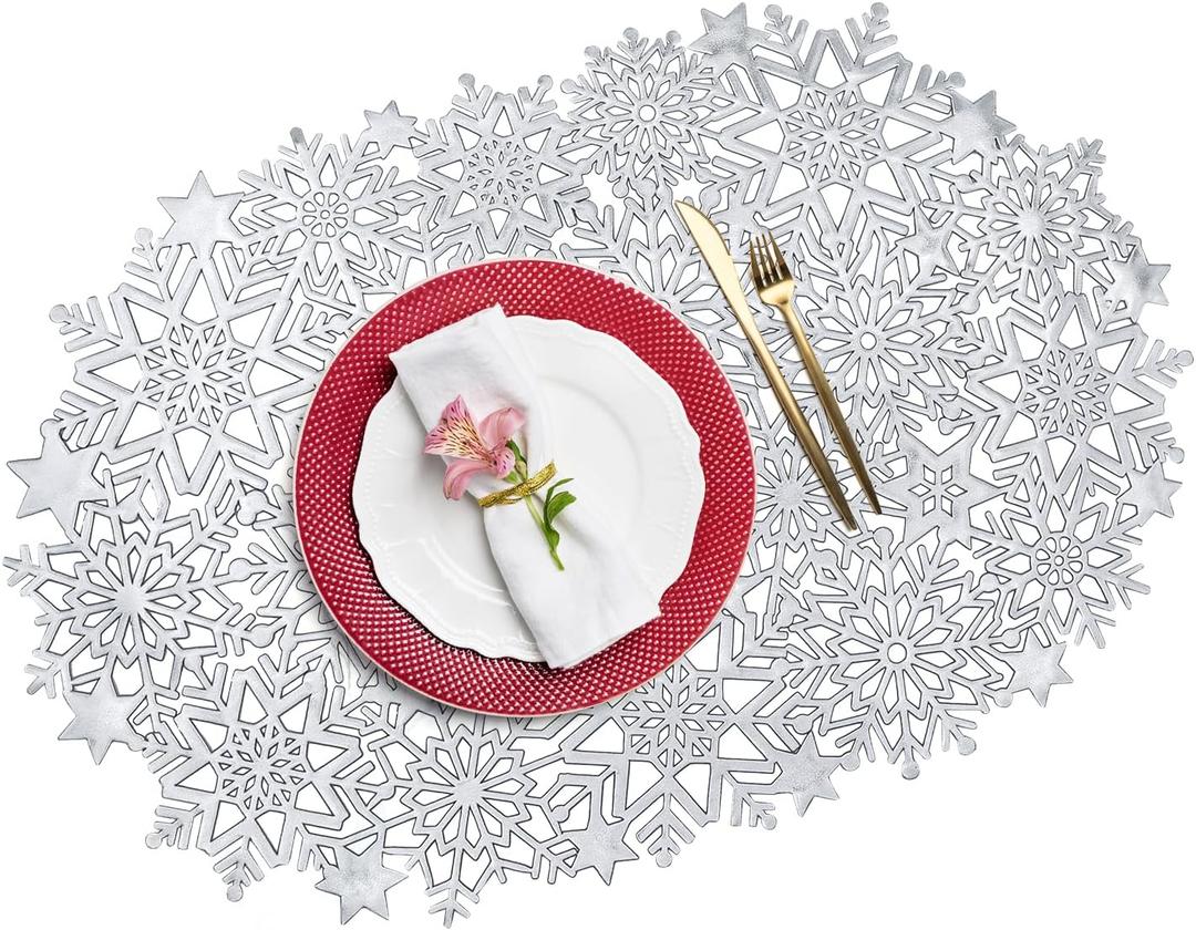 Snowflake Placemats Set of 6 for Dinner Table, Christmas Kitchen Placemats Hollow Vinyl Place Mats for Christmas Decorations, Holiday Party Wedding Annersary Dinner (Silver)
