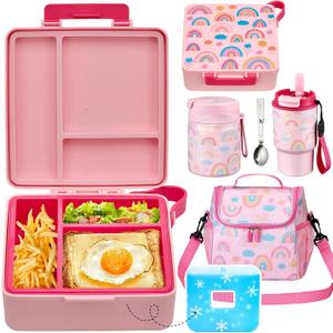 Lunch Box Set with Bento Box Container, 17OZ Stainless Steel Food Soup Thermo, Kids Water Bottle & Portable Insulated Lunch Bag  Leakproof, Hot/Cold Retention for School, Travel(Pink-Rainbow)