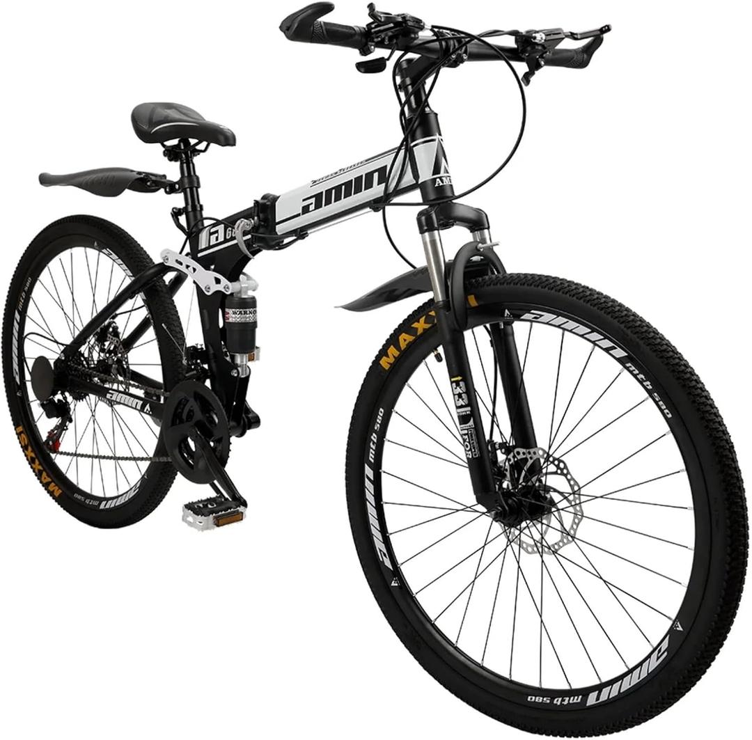 Bruce & Shark 26" Folding Mountain Bike for Men, 21 Speeds Full Suspension Commuter Bicycle, High Carbon Steel & Disc Brakes, Portable City Outdoor Bike for Adult Youth Teen (white black)
