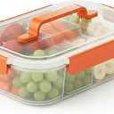 Li & Zhao Snackle Box Container - 4-Compartment Divided Snack Serving Tray with Silicone Handle, Perfect for Picnics, Leak-Proof, and Dishwasher-Safe Dressing Containers(Orange)