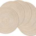 SHACOS 15 inch Round Braided Placemats Set of 6 Non Slip Heat Resistant Cotton Polyester Table Mats Washable Place Mats for Kitchen Dining Party Table Decor (Beige, 6)