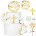 9 Pcs Mi Bautizo Cake Topper Gold Cross and Dried Flower Decor Set First Holy Communion Baptism Cake Pick Religious God Bless Baptism Cake Decoration for Celebration Milestones Decor
