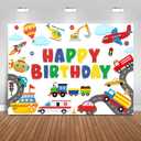 Fitumiw Transportation Birthday Backdrop 7x5ft Plane Train Car Sailboat Vehicle Birthday Party Decorations Background for Boys Traffic Banner Photo Booth Props