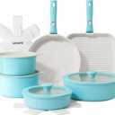 SENSARTE 17 Piece Ceramic Pots and Pans Set, Nonstick Detachable Handle Cookware, Induction Kitchen Cookware Set with Removable Handle, Dishwasher  Oven Safe (Turquoise)