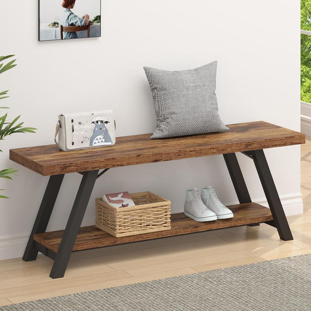 LVB Wood Bench, Industrial Storage Entryway Indoor Bench for Bedroom Hallway Living Room, Rustic Famhouse Wooden Metal Shoe Rack Accent Foyer Bench Seat for Entrance Sitting, Rustic Brown, 47 in Long, 47W x 14.17D x 18.11H Inch