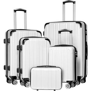 Coolife Luggage Expandable 5 Piece Sets PC+ABS Spinner Suitcase 20 inch 24 inch 28 inch (white grid new)