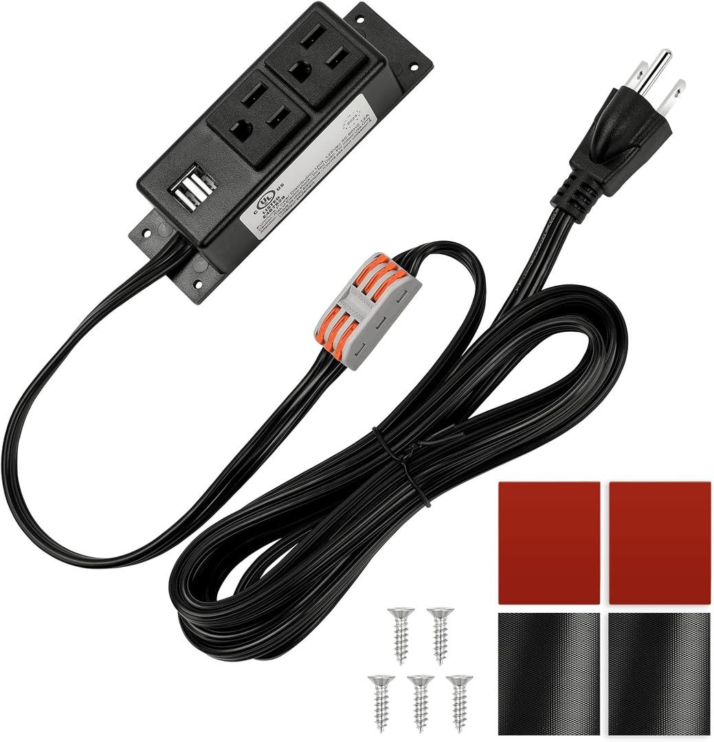 Litever Gun Safe Power Outlet Strip with 2 USB Ports. 10 FT Flat AC Cable with Removable 3-Prong Plugs. Outlet Accessory for Gun Safe, Cabinets, Closet, Drawer. Black. Certified