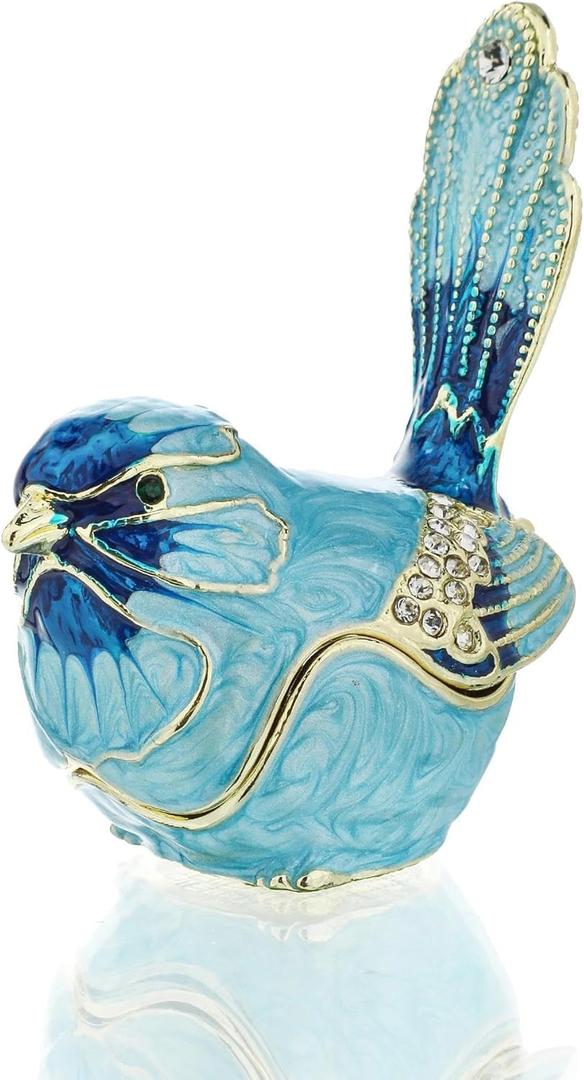 YU FENG Enamel Bird Trinket Box Jewelry Organizer, Hand Painted Decorative Hinged Keepsake Box Blue Bird