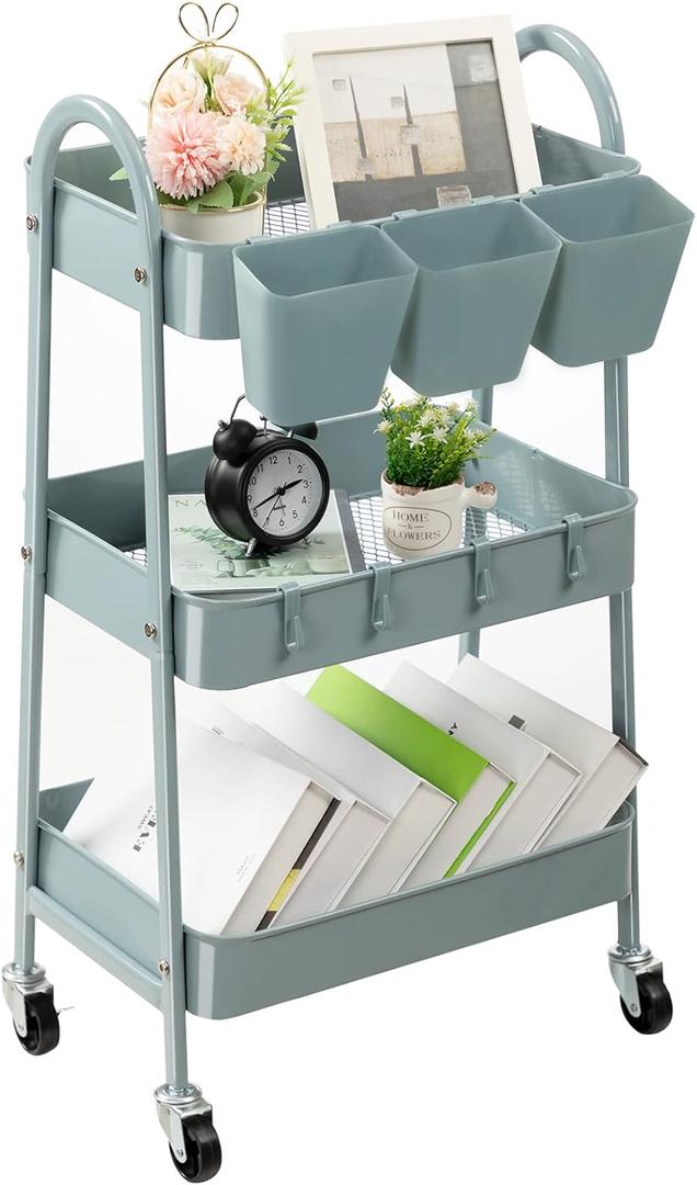 danpinera 3-Tier Rolling Cart, Utility Cart Mobile Metal Rolling Storage Cart with Lockable Wheels & Hanging Cups & Hooks for Kitchen, Bathroom, Office, Workshop, Gray Blue (Normal)