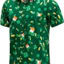 Men's St. Patrick's Day Shirt Funny Irish Flag Clover Short Sleeve Hawaiian Casual Button Down Shirt (M, Four Leaf Clover and Flag)
