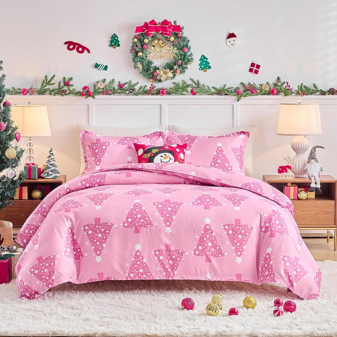 Joyreap 3pcs Christmas Duvet Cover Set Twin, Pink Xmas Tree Design Bedding Set, Includes 1 Duvet Cover and 2 Pillow Shams (Twin- 68"x90")