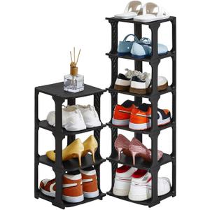 5 Tiers Shoe Rack Organizer for Closet Shoe Holder Storage Narrow Plastic Vertical, Free Standing Shoe Rack Shelf for Entryway Stackable Stability DIY, Black
