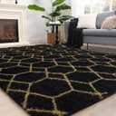 Fluffy Rug for Bedroom Living Room, Soft 4x6 Black Area Rug, Machine Washable Shag Geometric Fuzzy Kids Non Slip Carpet Home Decor Aesthetic, Plush Floor Mat for Nursery Teen Dorm, Black/Gold