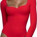 PUMIEY Women's Sweetheart Neck Long Sleeve Bodysuit Slimming Body Suit Going Out Tops Smoke Cloud Pro Collection (Large, Ruby)