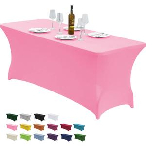 CWK 6FT Waterproof Stretch Spandex Table Cover for Rectangular Tables - Elastic Fitted Tablecloth for Folding Tables,Wrinkle Resistant Table Cloth for Parties, Weddings, Banquets & Events (Pink)