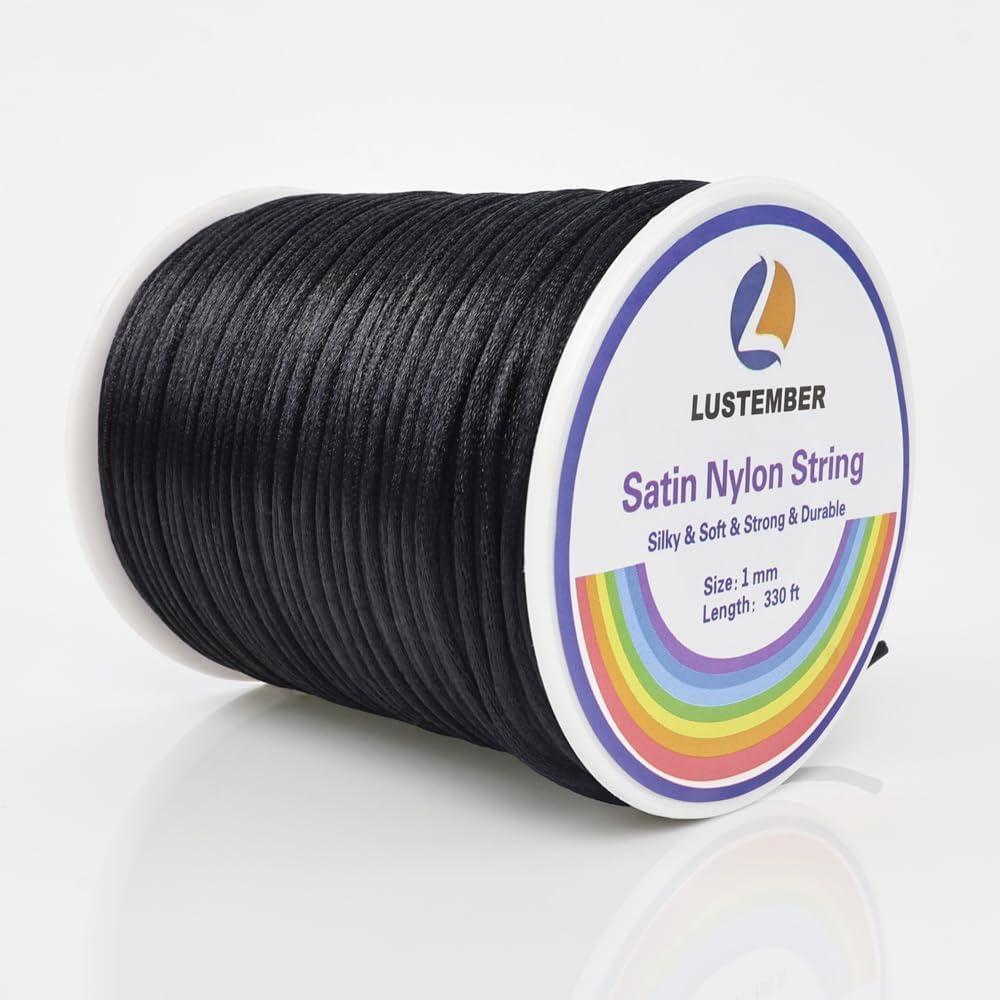 330 Feet Satin Nylon String, 1 mm Silky Smooth Durable Nylon Cord for Jewelry Making, Bracelets, Beading, Necklaces, Macrame, Kumihimo, Rattail, and Chinese Knot Craft (Black)