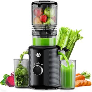 Cold Press Juicer Machine, 5.1 Inch Wide Chute Masticating Juicer, 1.2L Slow Juicer for Whole Fruits & Vegetables, Easy to Clean Electric Juice Extractor, Juice Maker with Recipe Guide, Silver & Gray