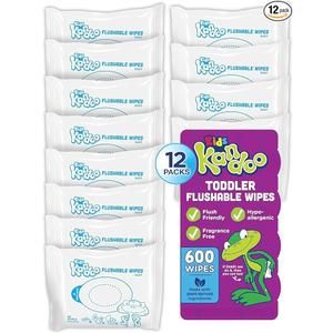 Flushable Wipes for Baby and Kids by Kandoo, Sensitive and Unscented Formula, Hypoallergenic Potty Training Wet Cleansing Cloths, 50 Count, Pack of 12