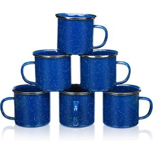 6 Pcs Enamel Camping Mugs Small Coffee Mugs Tea Cups Portable Vintage Campfire Camping Cups Bulk with Handle for Coffee Tea Home Picnic Travel Indoor and Outdoor Activities,12 oz (Blue)