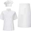 Hillban 3 Pcs Women Chef Coat Unisex Chef Jacket Uniform Tall Hat Costume Coat Shirt Bistro Apron Set (Large, White)