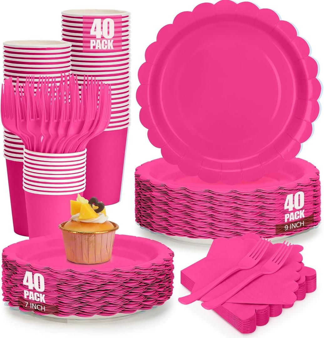 200Pcs Hot Pink Party Plates and Napkins, 9’’ Disposable Scalloped Hot Pink Paper Plates and 7’’ Hot Pink Dessert Plates Cups Napkins Forks Party Supplies for Birthday Party Decorations, Serves 40