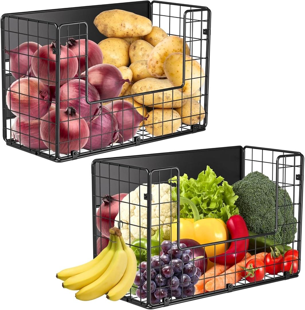 2 Set Magnetic Shelf for Fridge , Fruit Potato & Onion Storage Bins, Pantry Organizers & Storage, Large Container Magnetic Basket for Refrigerator, Kitchen Counter, Cabinet, Magnetic Fridge Organizer (Black)