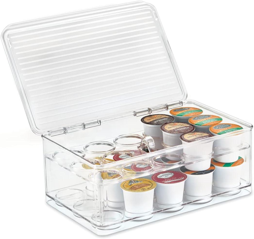 iDesign 2-Tier Coffee Pod Holder Lidded Bin, Plastic Pantry and Kitchen Storage, The Linus Collection  7.25" x 10.75" x 4.25", Clear