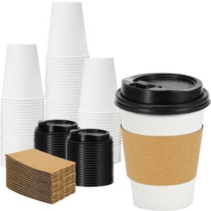 Lamosi 50 Pack 12 oz Disposable Coffee Cups with Lids and Sleeves, Leak-Proof To Go Coffee Cups with Lids, Hot/Cold Beverage White Drinking Cup for Home, Office, Parties, Travel
